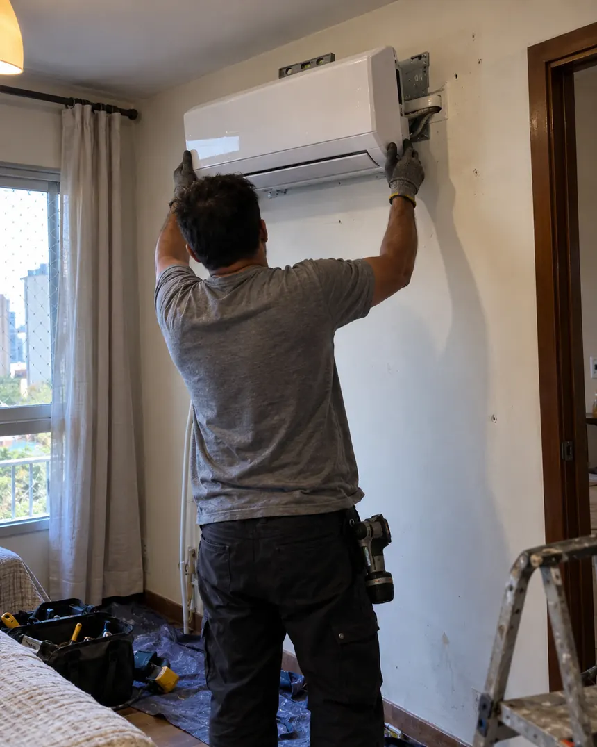 Técnico de costas encaixando a evaporadora de um ar-condicionado split no suporte da parede