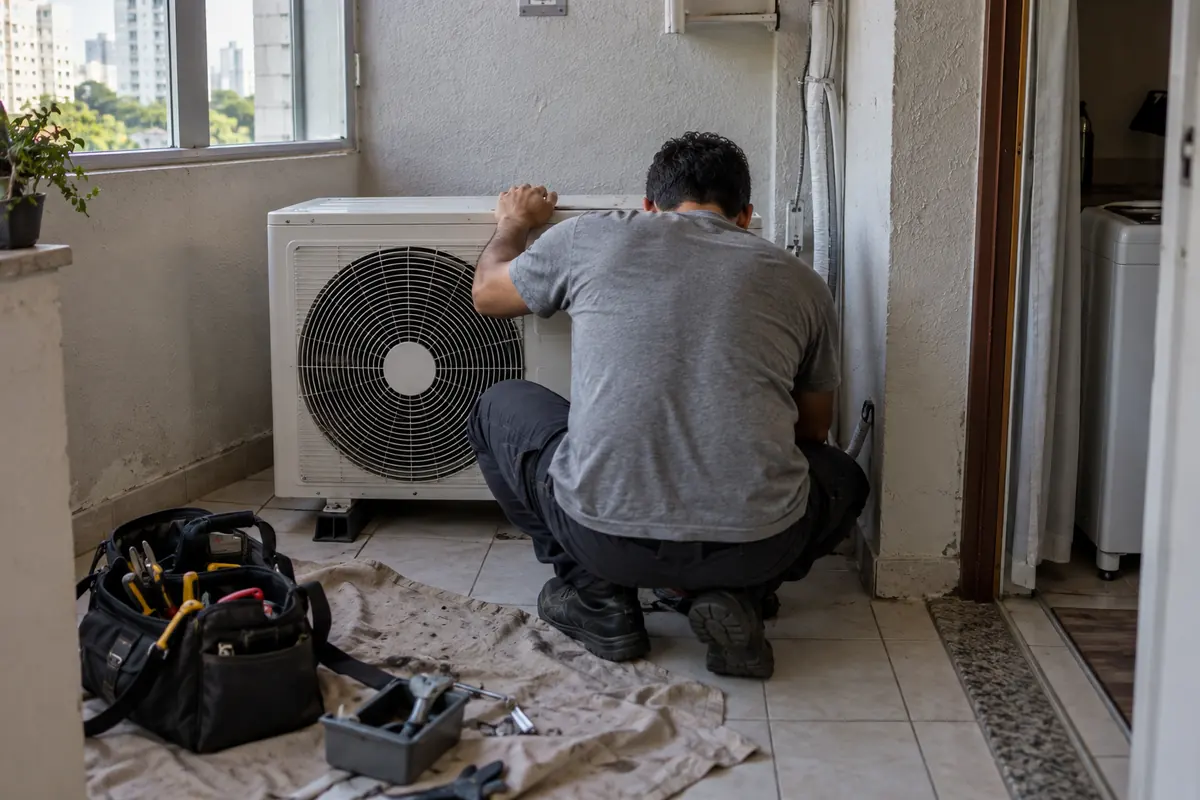 Técnico agachado conferindo a condensadora de um ar-condicionado na área de serviço